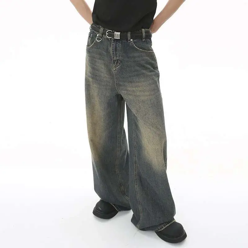 IEFB Vintage Men's Jeans New Fashion Washed Wide Leg Denim Pants Casual Loose Male Versatile Trousers Black Summer Autumn 9C354