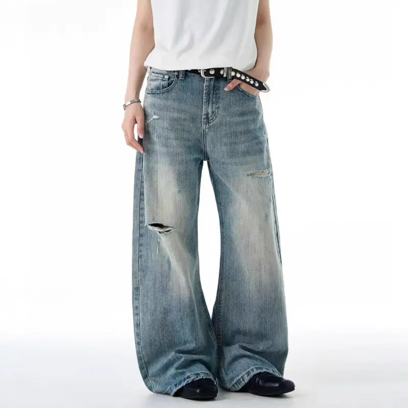 IEFB American Style Men's Denim Pants Washing Worn-out Holes Design Vintage Curved Knife Jeans Wide Leg Male Trousers New 9W3501