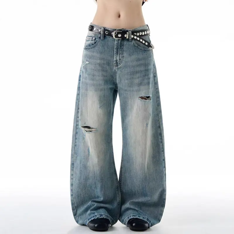 IEFB American Style Men's Denim Pants Washing Worn-out Holes Design Vintage Curved Knife Jeans Wide Leg Male Trousers New 9W3501