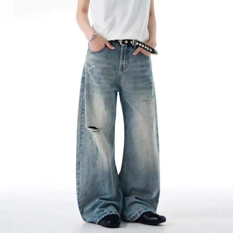 IEFB American Style Men's Denim Pants Washing Worn-out Holes Design Vintage Curved Knife Jeans Wide Leg Male Trousers New 9W3501