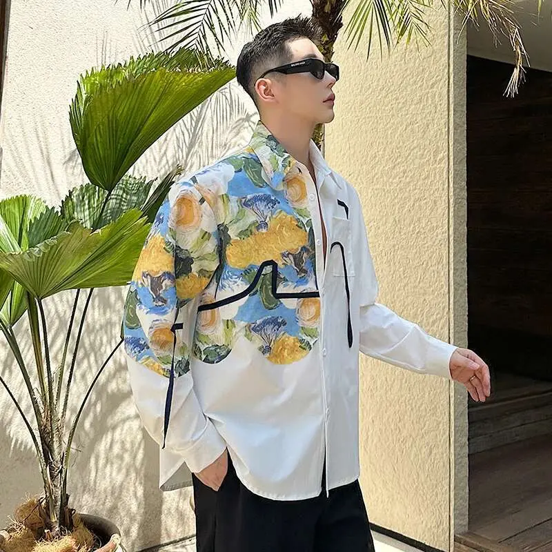 IEFB Korean Oil Painting White Male Shirt Light Luxury French Style Printing Men's Long Sleeve Shirt Summer New Trendy 9W2344