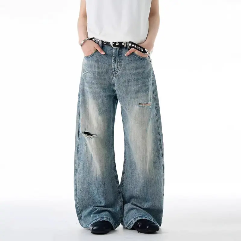 IEFB American Style Men's Denim Pants Washing Worn-out Holes Design Vintage Curved Knife Jeans Wide Leg Male Trousers New 9W3501