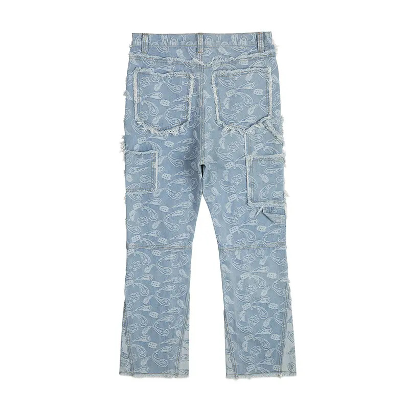 IEFB High Street Men's Denim Pants Paisley Raw Edge Contrast Color Casual Bottom Splicing Wide Leg Male Flared Jeans Chic 9W2649