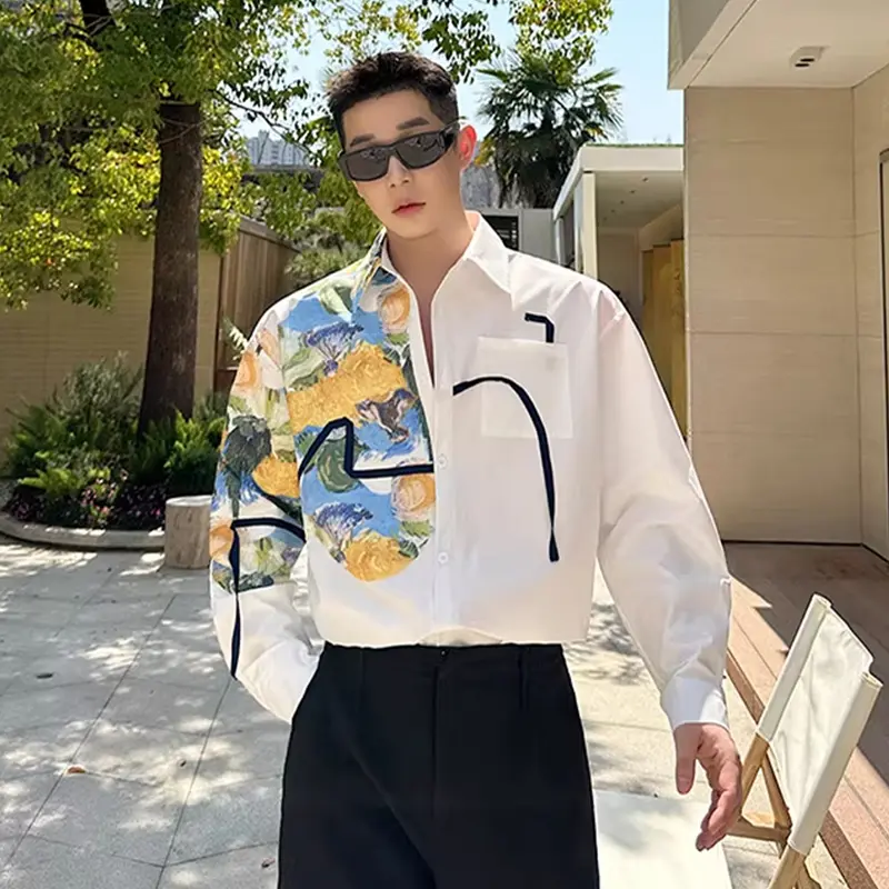 IEFB Korean Oil Painting White Male Shirt Light Luxury French Style Printing Men's Long Sleeve Shirt Summer New Trendy 9W2344