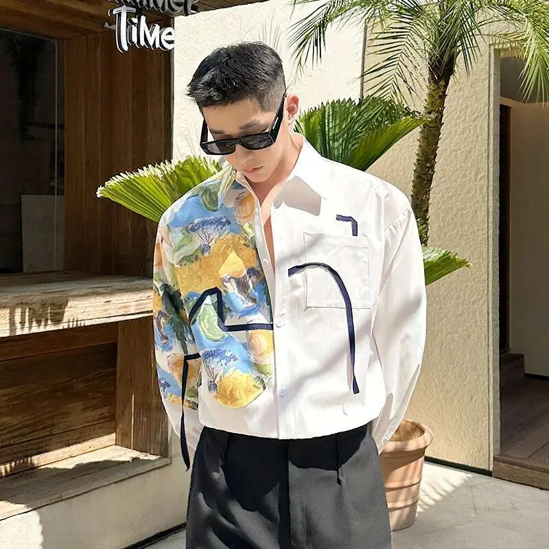 IEFB Korean Oil Painting White Male Shirt Light Luxury French Style Printing Men's Long Sleeve Shirt Summer New Trendy 9W2344