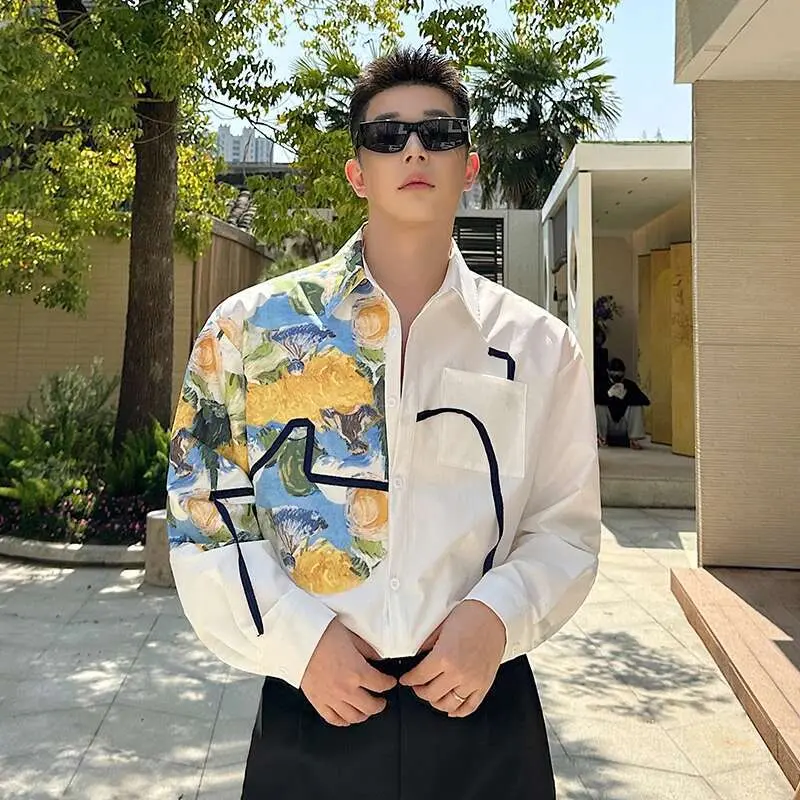 IEFB Korean Oil Painting White Male Shirt Light Luxury French Style Printing Men's Long Sleeve Shirt Summer New Trendy 9W2344