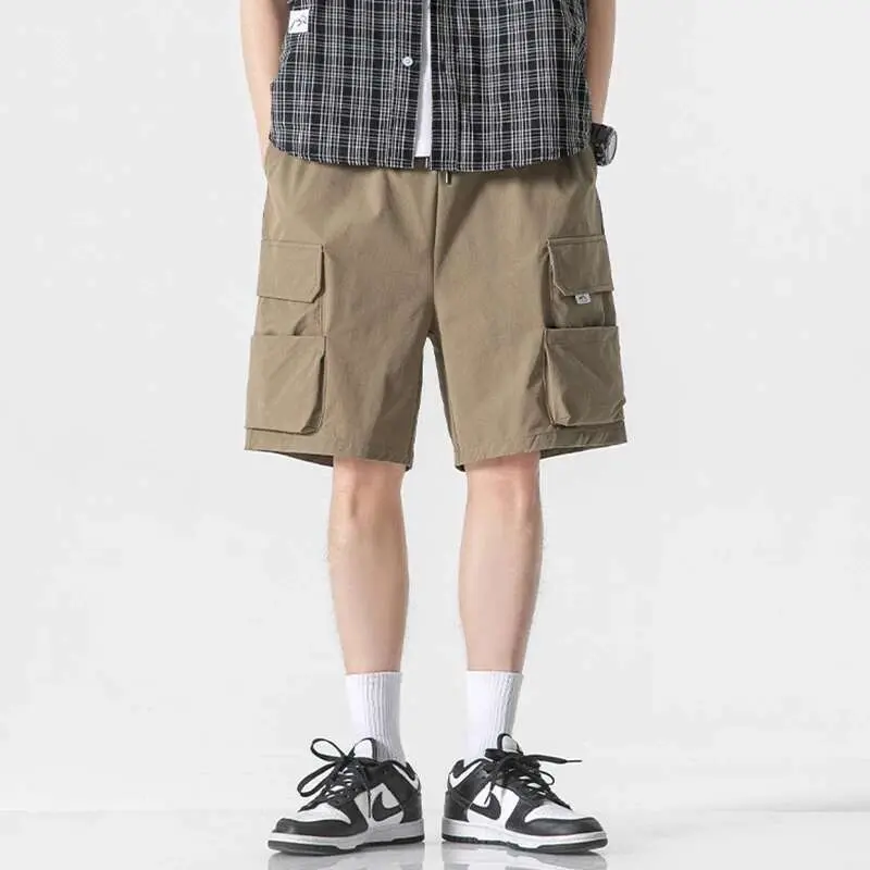 IEFB Ice Silk Men Cargo Pants Multi Pockets Solid Color Drawstring Quick-dry Straight Male Elastic Waist Trousers American 9W999