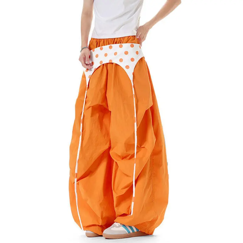 IEFB Orange Men's Overalls Patchwork Pleated Elastic Waist Loose Casual Male Cargo Pants Summer Thin Men Clothing 9W3640