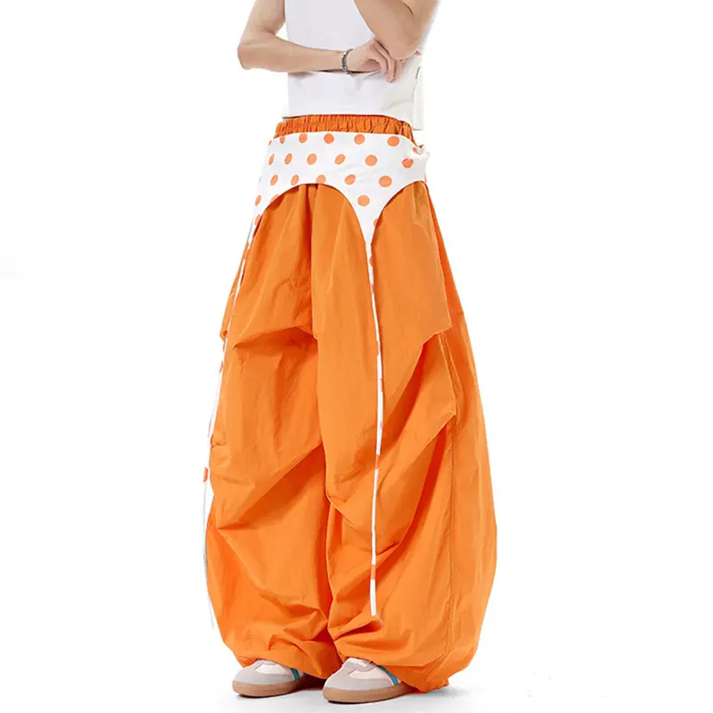 IEFB Orange Men's Overalls Patchwork Pleated Elastic Waist Loose Casual Male Cargo Pants Summer Thin Men Clothing 9W3640