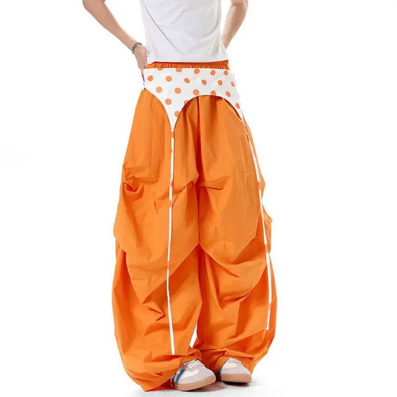 IEFB Orange Men's Overalls Patchwork Pleated Elastic Waist Loose Casual Male Cargo Pants Summer Thin Men Clothing 9W3640