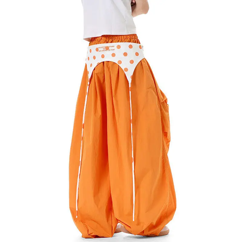 IEFB Orange Men's Overalls Patchwork Pleated Elastic Waist Loose Casual Male Cargo Pants Summer Thin Men Clothing 9W3640