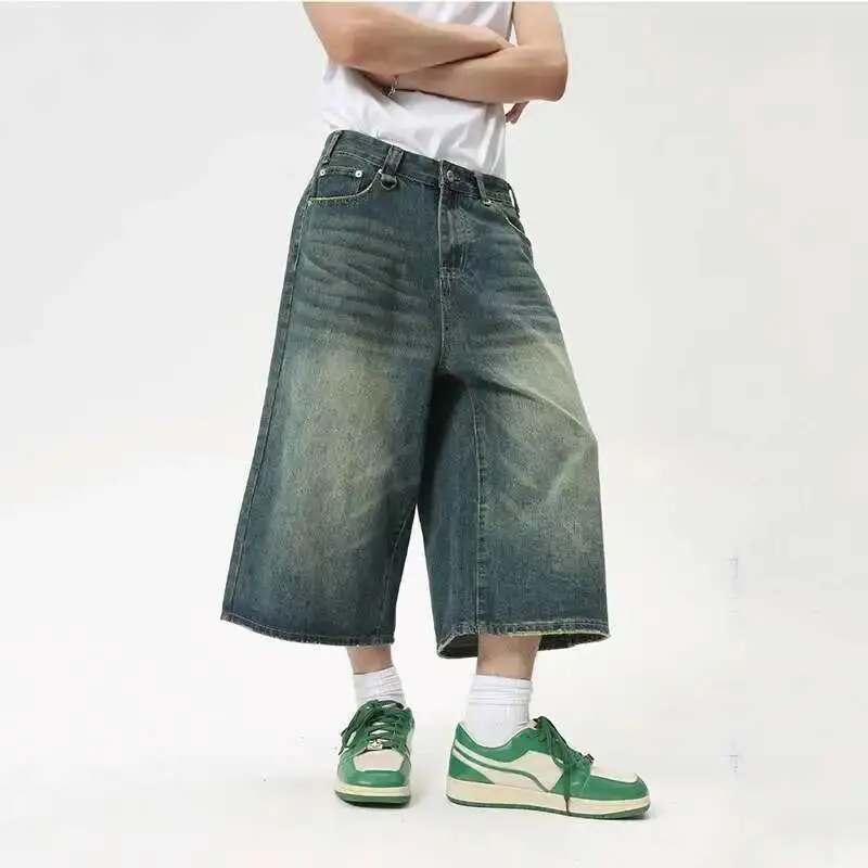 IEFB High Street Calf-Length Pants Denim Men's Shorts Straight Zipper Causal Wide Leg Male Trousers New Chic Spring 2025 8825