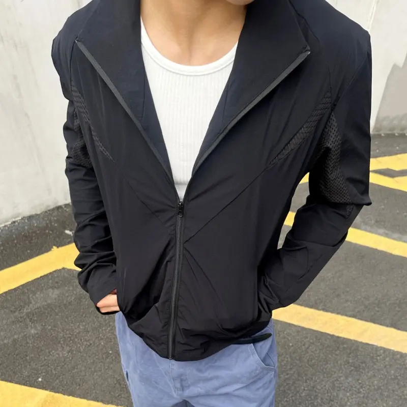 IEFB Jackets Men's Stand Collar Solid Color Zipper Sun-protective Clothing Summer Mesh Patchwork Thin Casual Male Coats 9W3226