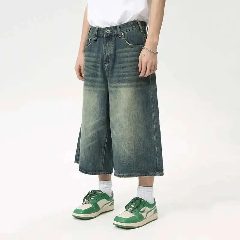 IEFB High Street Calf-Length Pants Denim Men's Shorts Straight Zipper Causal Wide Leg Male Trousers New Chic Spring 2025 8825