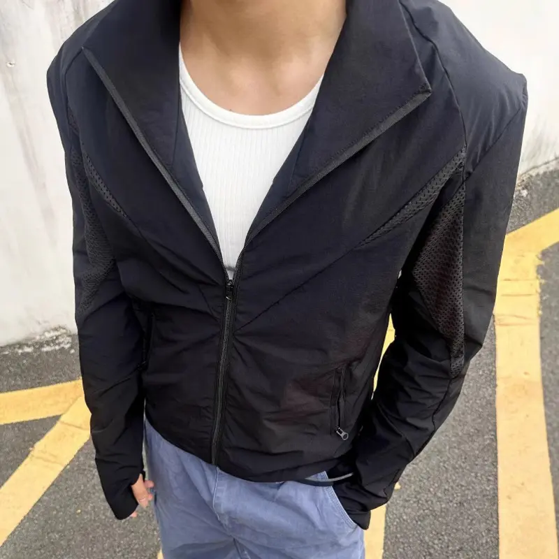 IEFB Jackets Men's Stand Collar Solid Color Zipper Sun-protective Clothing Summer Mesh Patchwork Thin Casual Male Coats 9W3226