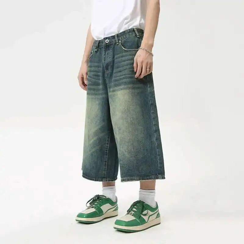 IEFB High Street Calf-Length Pants Denim Men's Shorts Straight Zipper Causal Wide Leg Male Trousers New Chic Spring 2025 8825
