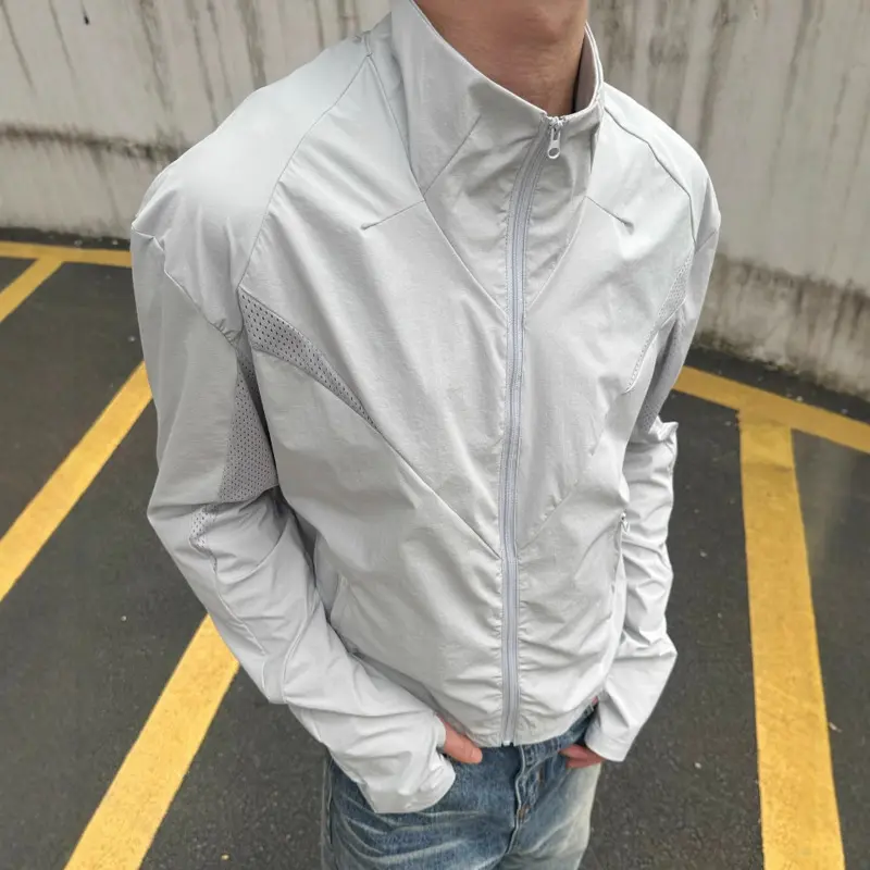 IEFB Jackets Men's Stand Collar Solid Color Zipper Sun-protective Clothing Summer Mesh Patchwork Thin Casual Male Coats 9W3226