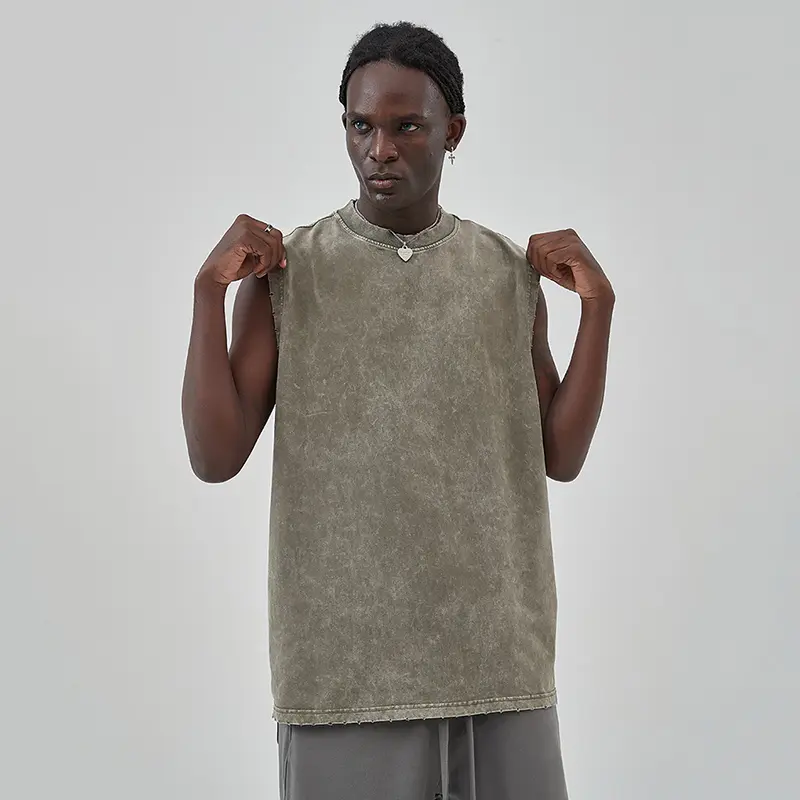 IEFB Loose Fitting Men's Wear Americam Style O-neck Vest Solid Color Sleeveless Vintage Washed Batik Edge Grinding Design 9W2701