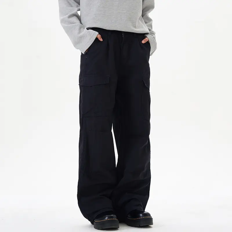 IEFB Men's Cargo Pants New Summer Multi Pockets Tide Straight Wide Leg Trendy Solid Color Simple Male Casual Trousers 9W2027
