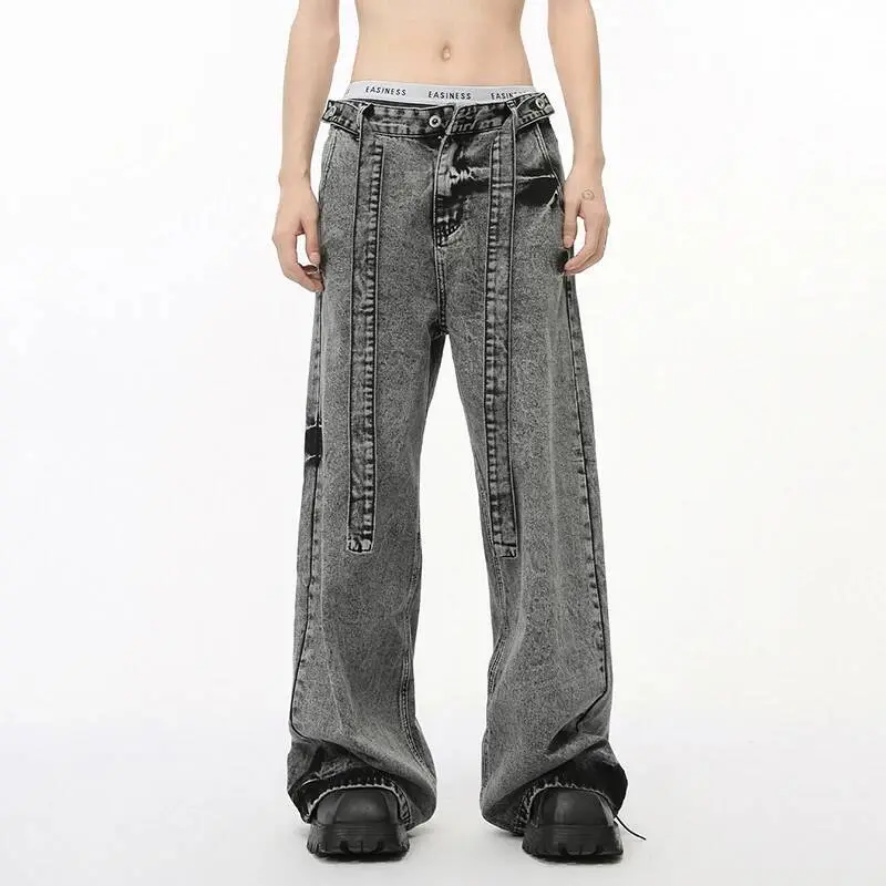 IEFB Simple Men's Denim Pants Lace-up Design Silhouette Contrast Color Bottom New Trendy Straight Wide Leg  Male Jeans 9C7289