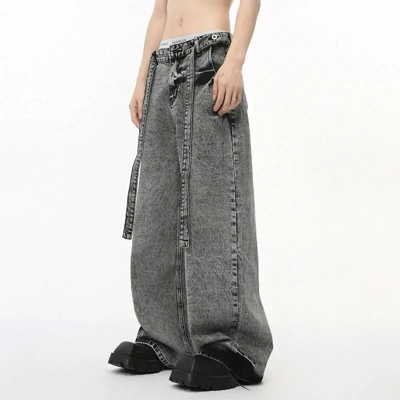 IEFB Simple Men's Denim Pants Lace-up Design Silhouette Contrast Color Bottom New Trendy Straight Wide Leg  Male Jeans 9C7289