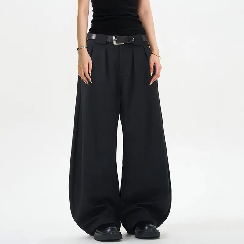 IEFB American Curved Knife Trousers Pleated Wide Leg Men New Versatile Women Suit Pants Threedimensional Loose Fit Black 9W2537
