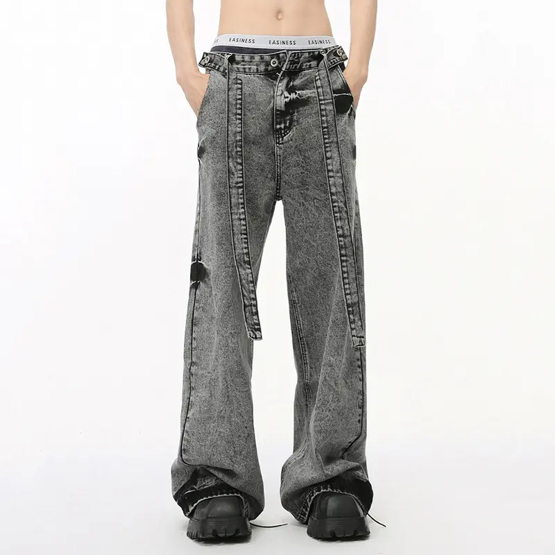 IEFB Simple Men's Denim Pants Lace-up Design Silhouette Contrast Color Bottom New Trendy Straight Wide Leg  Male Jeans 9C7289