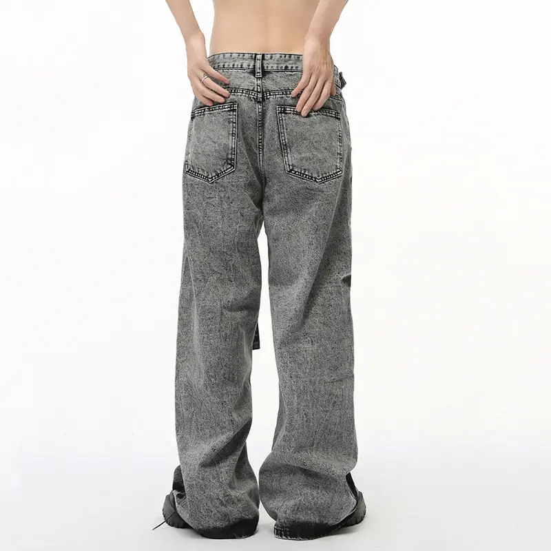 IEFB Simple Men's Denim Pants Lace-up Design Silhouette Contrast Color Bottom New Trendy Straight Wide Leg  Male Jeans 9C7289