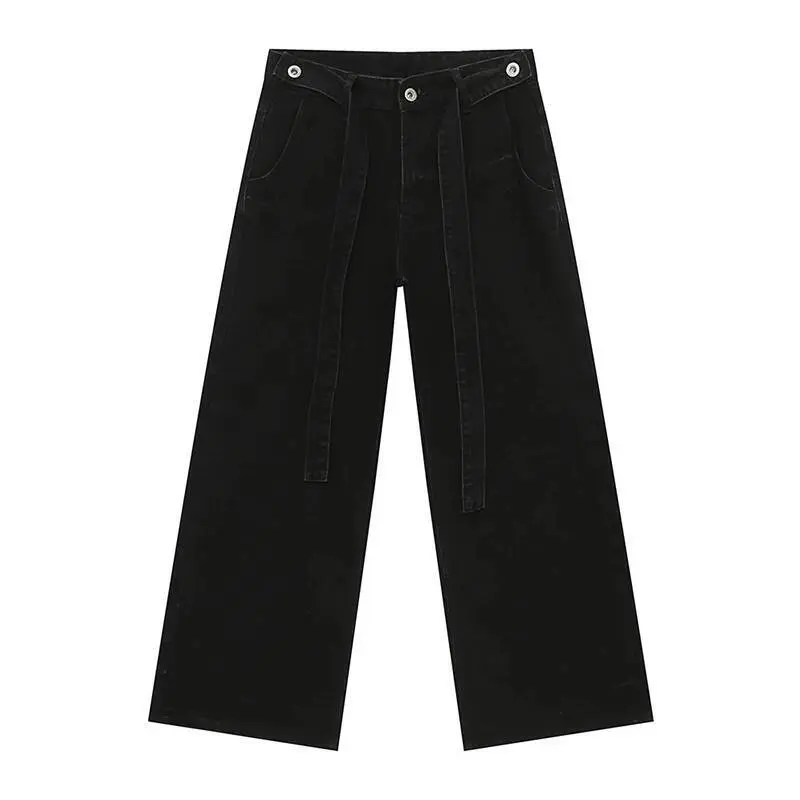 IEFB Simple Men's Denim Pants Lace-up Design Silhouette Contrast Color Bottom New Trendy Straight Wide Leg  Male Jeans 9C7289