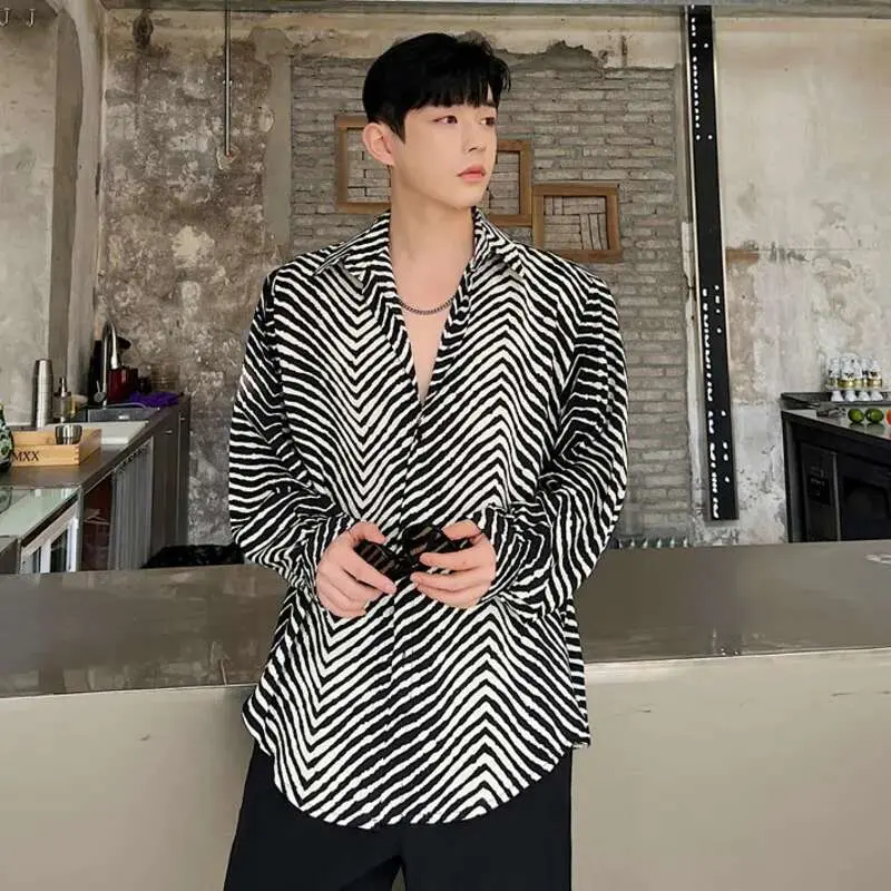 IEFB Men's Stripe Shirts New Summer Personalized Trendy Lapel Print Style Korean Male Long Sleeve Casual Shirt Tide 9A7867