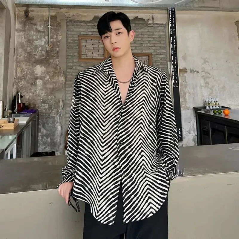 IEFB Men's Stripe Shirts New Summer Personalized Trendy Lapel Print Style Korean Male Long Sleeve Casual Shirt Tide 9A7867