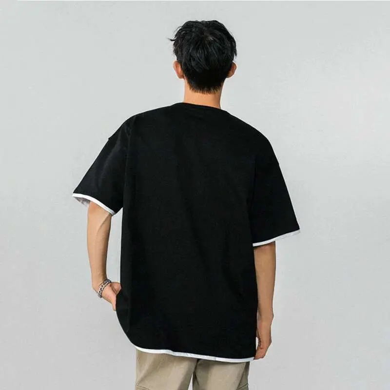 IEFB Fake Two-piece Men's T-shirt Summer New Trendy Solid Color Tees Half Sleeves Round-collar Loose Male T-shirts 2025 9W1295
