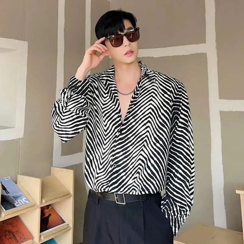 IEFB Men's Stripe Shirts New Summer Personalized Trendy Lapel Print Style Korean Male Long Sleeve Casual Shirt Tide 9A7867