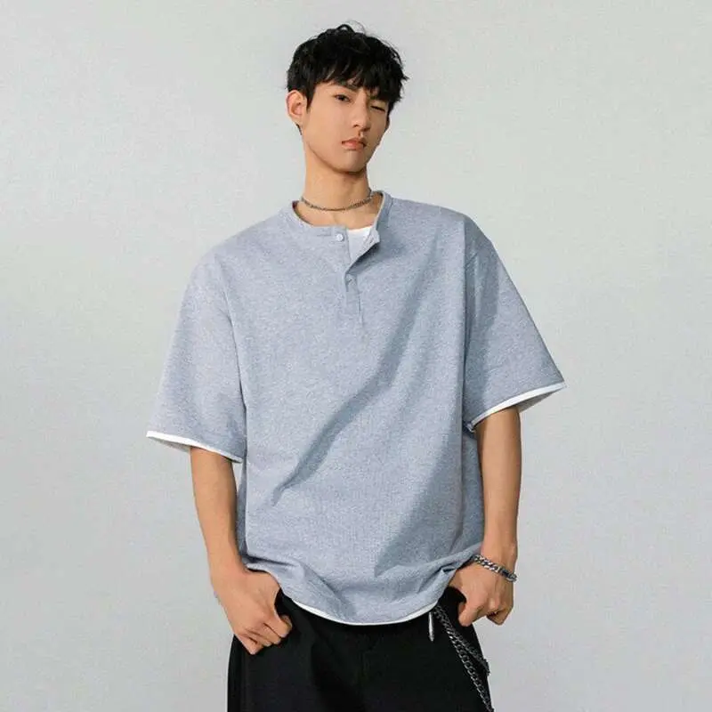 IEFB Fake Two-piece Men's T-shirt Summer New Trendy Solid Color Tees Half Sleeves Round-collar Loose Male T-shirts 2025 9W1295