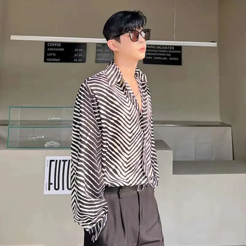 IEFB Men's Stripe Shirts New Summer Personalized Trendy Lapel Print Style Korean Male Long Sleeve Casual Shirt Tide 9A7867