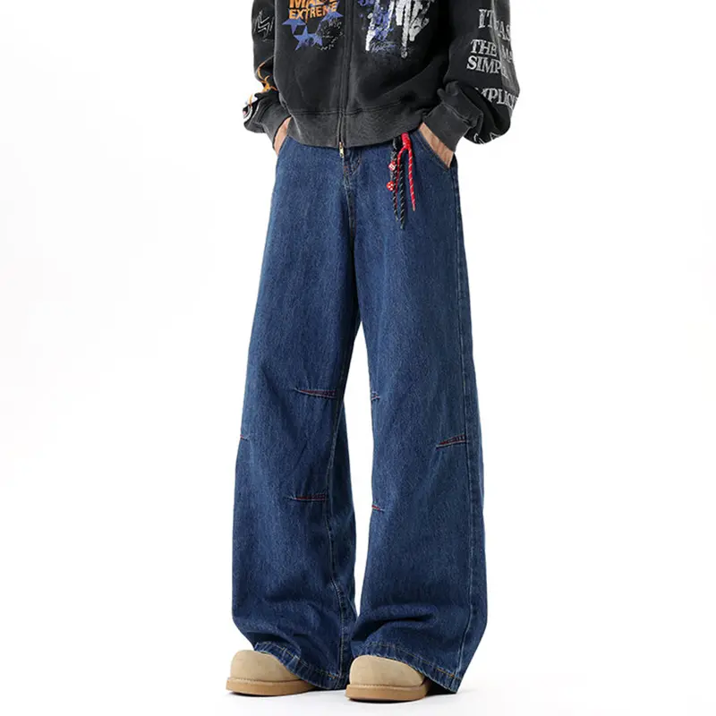 IEFB New Autumn Men's Denim Pants Contrast Color Patchwork Printing Wide Leg Casual Straight Wide Leg Male Jeans Stylish 9W4195