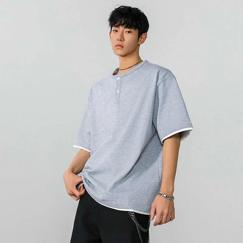 IEFB Fake Two-piece Men's T-shirt Summer New Trendy Solid Color Tees Half Sleeves Round-collar Loose Male T-shirts 2025 9W1295