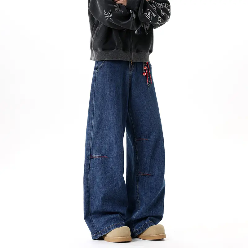 IEFB New Autumn Men's Denim Pants Contrast Color Patchwork Printing Wide Leg Casual Straight Wide Leg Male Jeans Stylish 9W4195