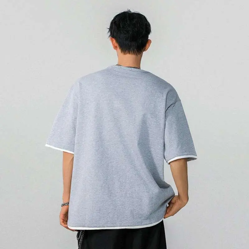 IEFB Fake Two-piece Men's T-shirt Summer New Trendy Solid Color Tees Half Sleeves Round-collar Loose Male T-shirts 2025 9W1295
