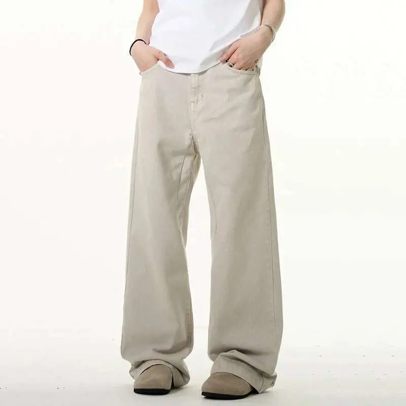 IEFB Simple Men's Jeans New Solid Color Trousers Cleanfit Bottom Straight Wide Leg Loose Male Denim Pants American Summer 9W2529