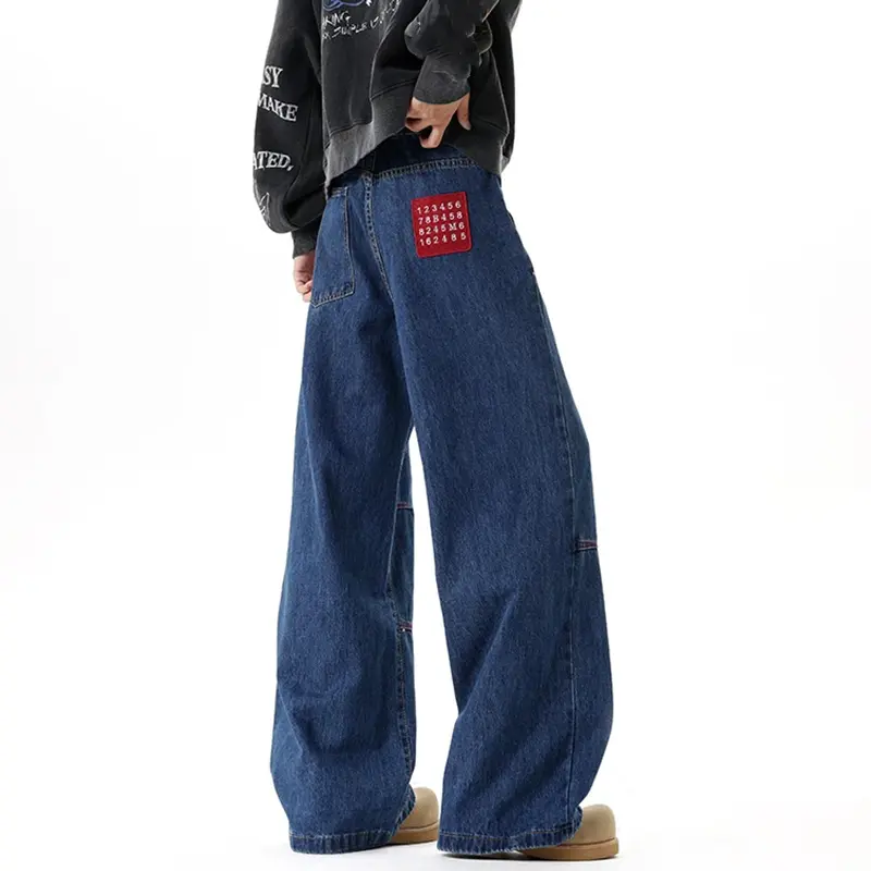 IEFB New Autumn Men's Denim Pants Contrast Color Patchwork Printing Wide Leg Casual Straight Wide Leg Male Jeans Stylish 9W4195