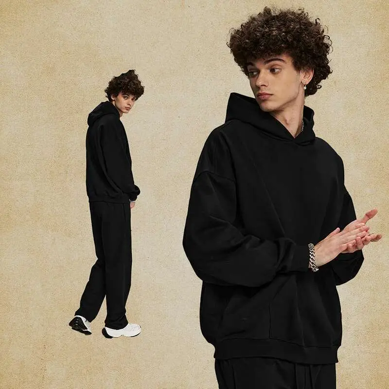 IEFB New Spring Men's Two-piece Sets Casual Solid Color Sweatshirts Drawstring Elastic Waist Straight Wide Leg Male Pants 9W129