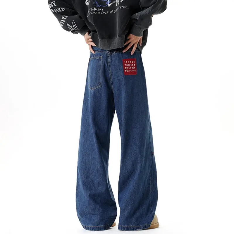 IEFB New Autumn Men's Denim Pants Contrast Color Patchwork Printing Wide Leg Casual Straight Wide Leg Male Jeans Stylish 9W4195
