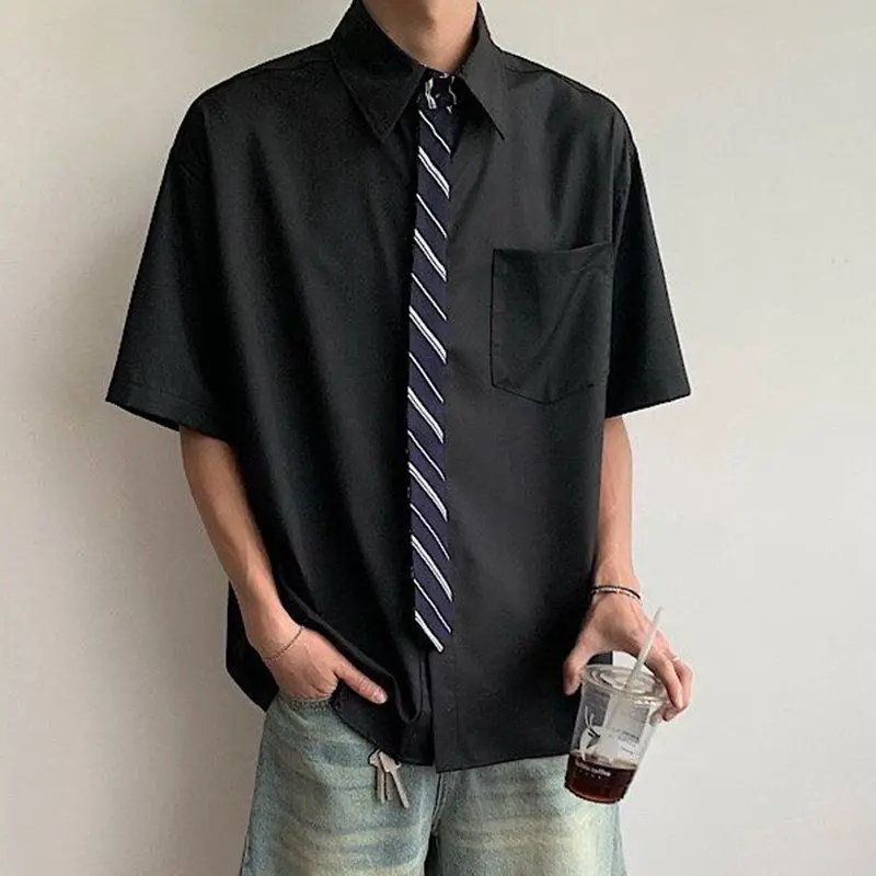 IEFB Men's Short Sleeve T-shirts Overlapping Tie Splicing Korean Style Striped Turn-down Collar Single Breasted Male Tees 9W2211