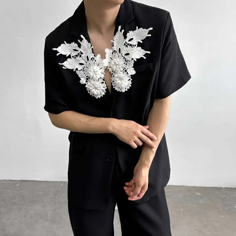 IEFB Two Single-breasted Buttons Male Short Sleeve Blazer Three-dimensional Flowers Design Lapel Trendy Top Suit Jacket 9W3512