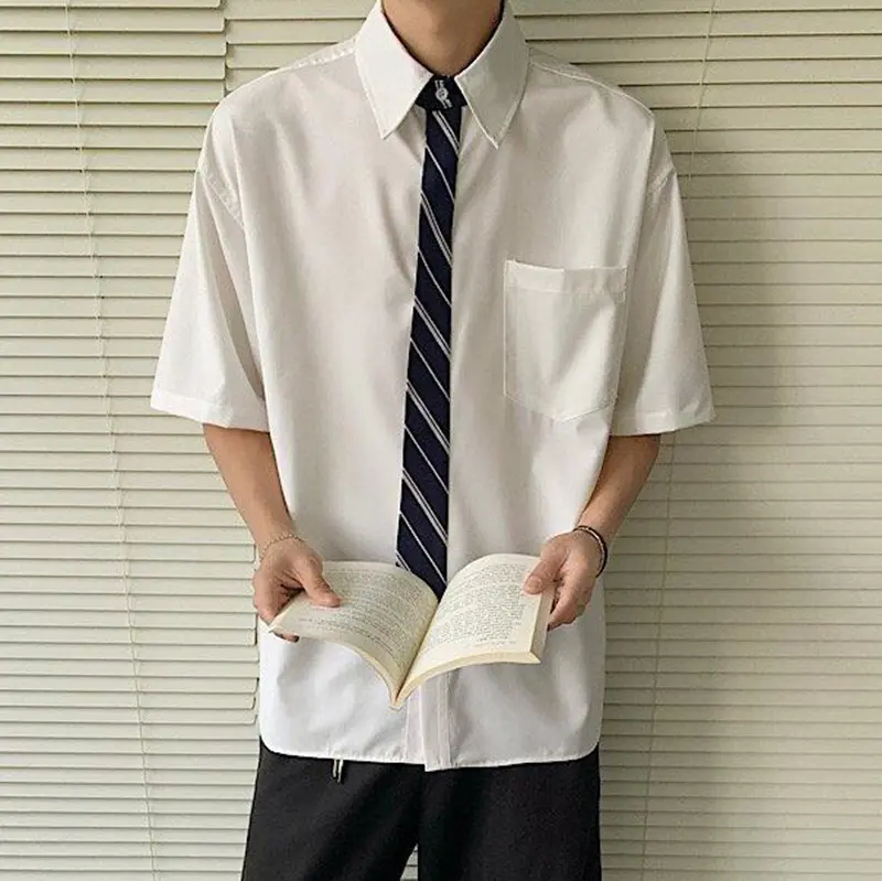 IEFB Men's Short Sleeve T-shirts Overlapping Tie Splicing Korean Style Striped Turn-down Collar Single Breasted Male Tees 9W2211