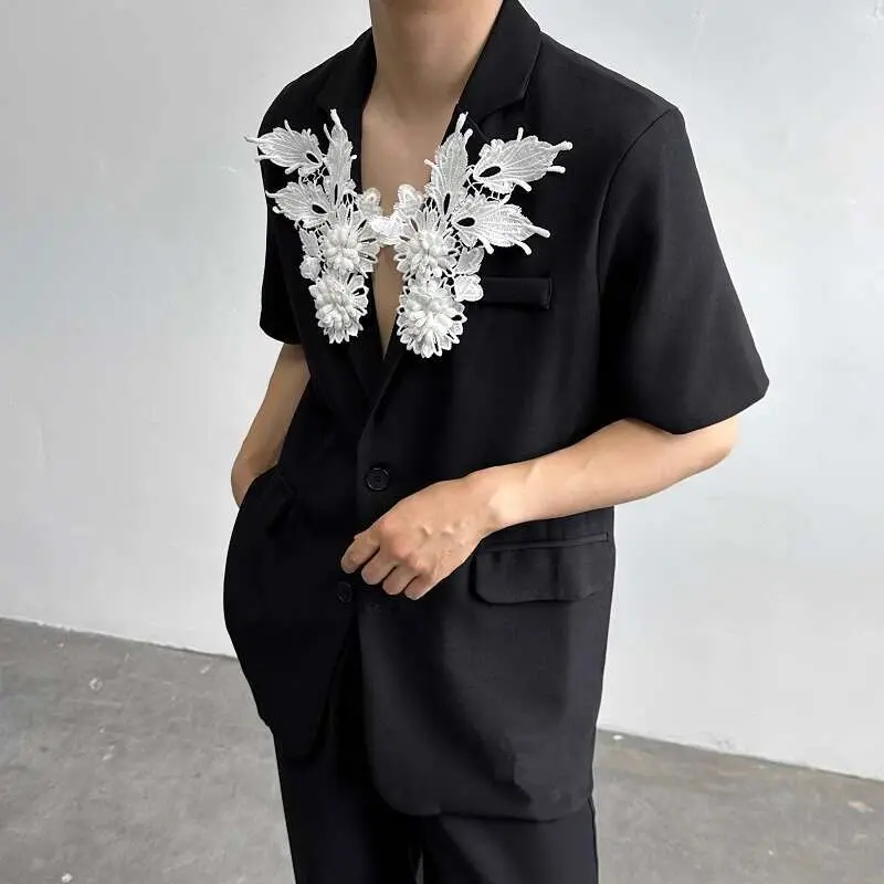 IEFB Two Single-breasted Buttons Male Short Sleeve Blazer Three-dimensional Flowers Design Lapel Trendy Top Suit Jacket 9W3512