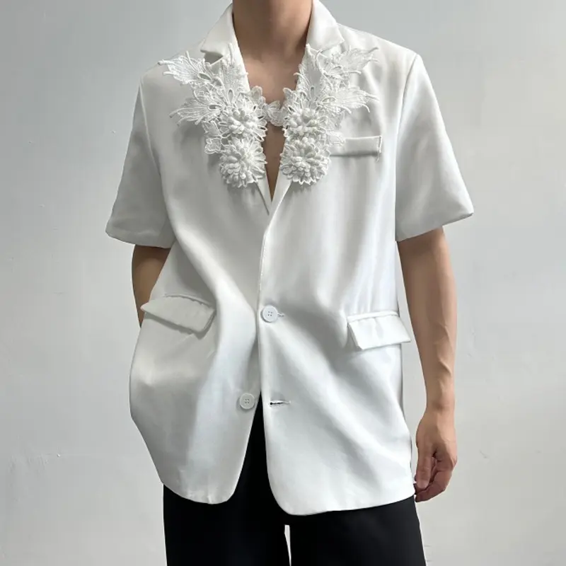 IEFB Two Single-breasted Buttons Male Short Sleeve Blazer Three-dimensional Flowers Design Lapel Trendy Top Suit Jacket 9W3512