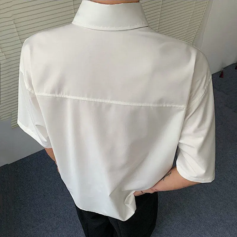 IEFB Men's Short Sleeve T-shirts Overlapping Tie Splicing Korean Style Striped Turn-down Collar Single Breasted Male Tees 9W2211