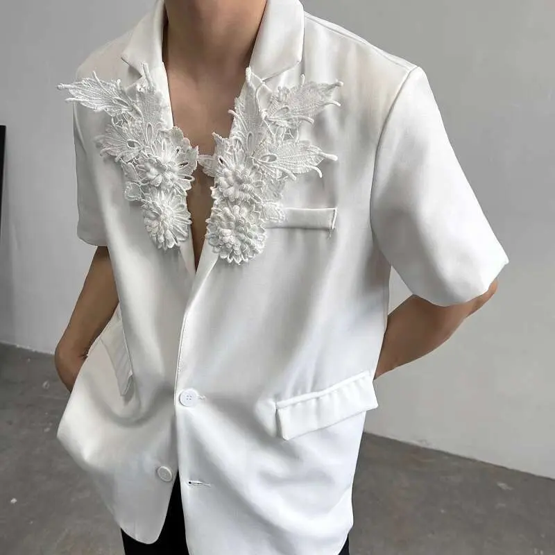 IEFB Two Single-breasted Buttons Male Short Sleeve Blazer Three-dimensional Flowers Design Lapel Trendy Top Suit Jacket 9W3512